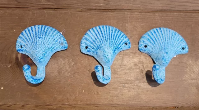 3 Cast Iron Scallop Sea Shell Hook Coat Wall Hanger Beach House Hat Dog Leash