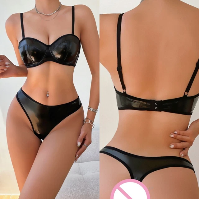 Ensemble Lingerie Femme Cuir Verni Aspect Humide - Soutien-gorge Et Culotte, Neuf Avec étiquettes