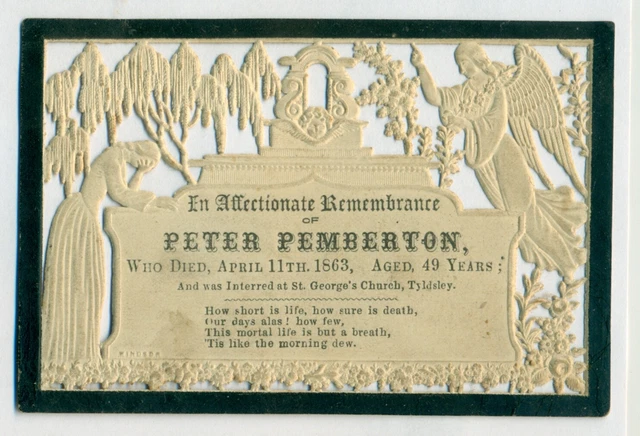 intricately die cut civil war era mourning remembrance card wife at casket angel
