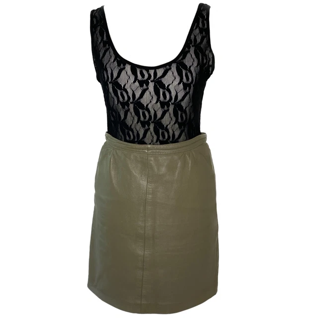 Minigonna vintage anni '90 verde oliva in pelle boho grunge festival taglia 8
