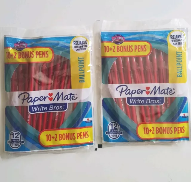 Lot Of 2 Paper Mate Write Bros 1.0mm Med Point Ballpoint Pens 12 Pack (Red) B45