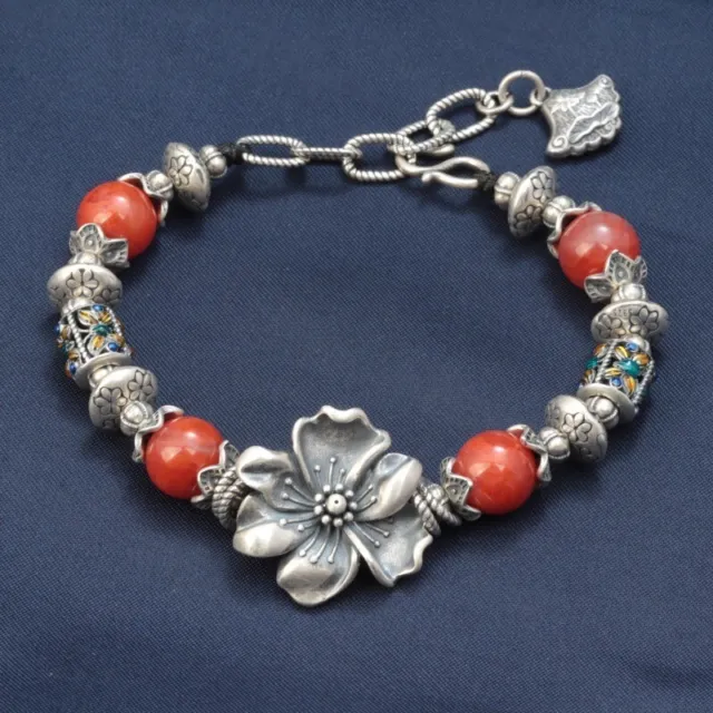 A22 Armband Ethnostil roter Achat große Blüte Silberornamente Blume Silber 925