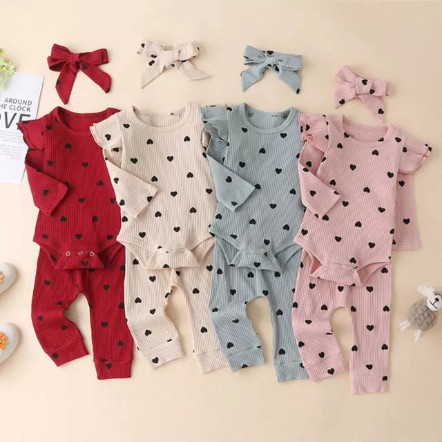 Romper arricciacapelli solido stampa cuore bambine + pantaloni + fasce