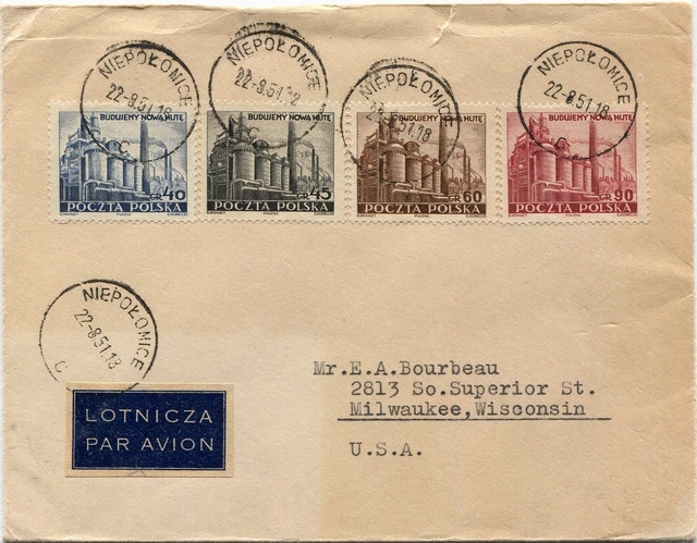 POLAND, AIR MAIL, ANNULS NIEPOLOMICE, AUG 1951, 4 STAMPS POCZTA POLSKA     m