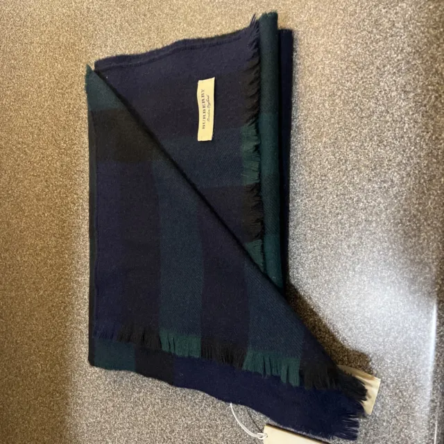 Burberry Blue Green Check Plaid Fringe Wool & Cashmere Blend Rectangular Scarf ￼