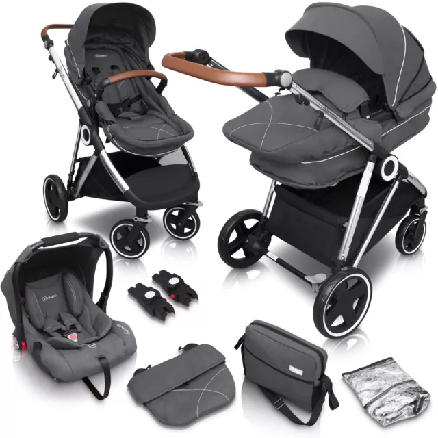 BABYGO Kinderwagen 3 in 1 Halime Silber Gestell Kinderwagenset Babys SEHR GUT