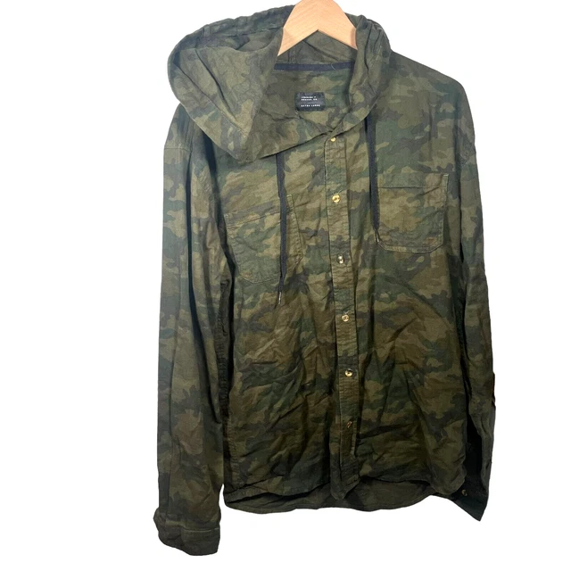 Jiberish Forest Camo Long Sleeve Button Down Hooded Flannel Shirt Green Mens, XL