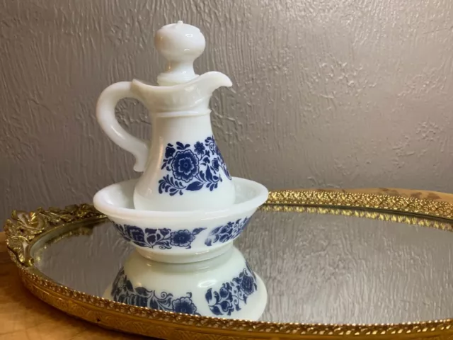 Vintage Avon Delft Blue Floral Whie Milk Glass Blue Decanter Skin So Soft