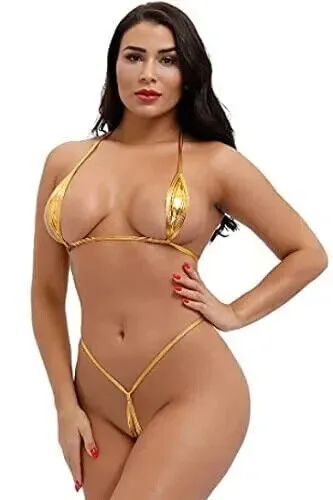 Conjunto de lencería micro bikini brillante metálico de cuero sexy para mujer