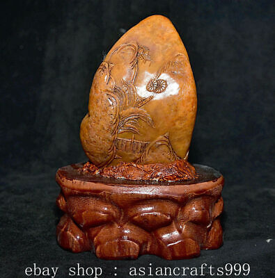 6" Chinese Shoushan Stone Carved Mountain Tree House landscape Statue Sculpture