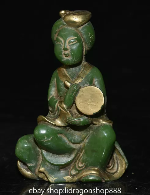 6.8" Ancienne Chine Vert Jade Doré Sculpté Feng Shui Belle Femme Miroir Statue