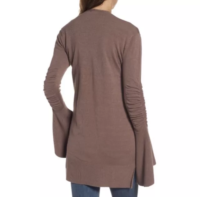 Hinge Cardigan Sweater Women’s Small Bell Sleeve Ruching Minimalist Tan 2