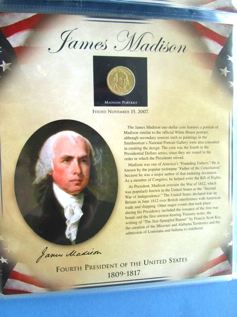 4th Presidential Dollar James Madison  Uncirculated Coin, stamps, and panel