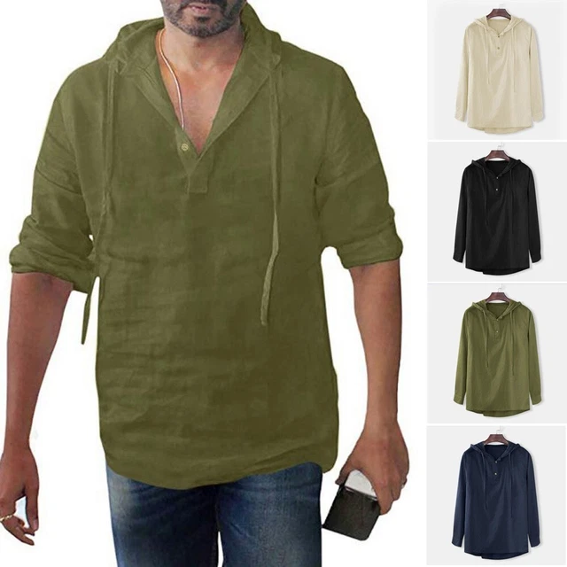 Top T-Shirt Bottone Casual Cotone Lino con Cappuccio Manica Lunga Larga da Uomo