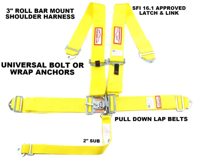 Yellow Universal Race Harness 5 Point Wrap Or Bolt 3" Latch & Link Sfi 16.1