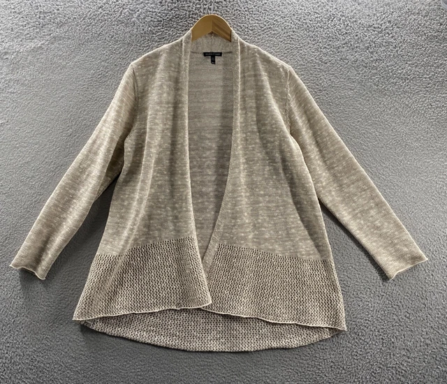 Eileen Fisher Cardigan Womens Medium Beige Brown Open Knit Organic Linen Blend