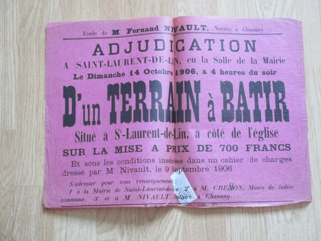 Affiche Vente Aux Enchères 1906 Terrain A Batir A Coté De L' Église St Laurent