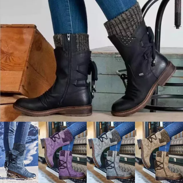 Womens Waterproof Winter Mid Calf Zip Block Heel Warm Snow Ladies Boots Size