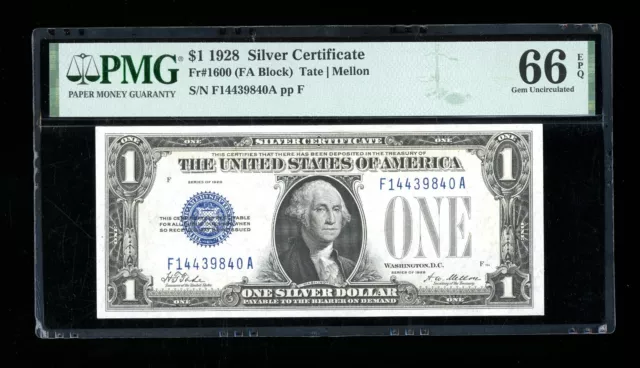 DBR 1928 $1 Silver Fr. 1600 Gem FA Block PMG 66 EPQ Serial F14439840A