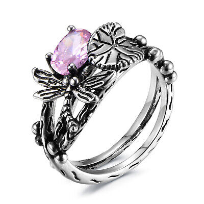 Women 925 Silver Lotus leaf dragonfly Zircon Crystal Ring Wedding Jewelry Sz6-10