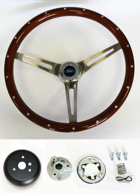 Bronco F100 F150 F250 F350 Wood Steering Wheel High Gloss w/ Rivets 15" Ford Cap