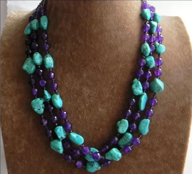 3 Rows Nugget Turquoise & Faceted Purple Amethyst & Crystal Gems Beads Necklace