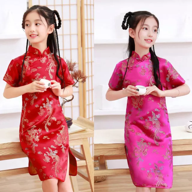 Da Bambino Raso Qipao Cheongsam Abiti Ginocchio Lunghezza Manica Corta Tang Cute