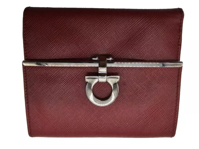 Salvatore Ferragamo Gancini Red Saffiano Leather Bifold French Wallet Silver