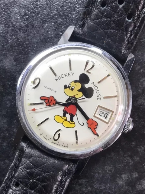 Vintage Mickey Mouse Mens Wrist Watch Helbros 17 Jewel 33mm Date Stainless Back