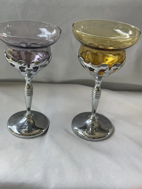 Set Of 2x Cambridge Glass Farber Bros NYC Krome Kraft Hand Blown Yellow Purple