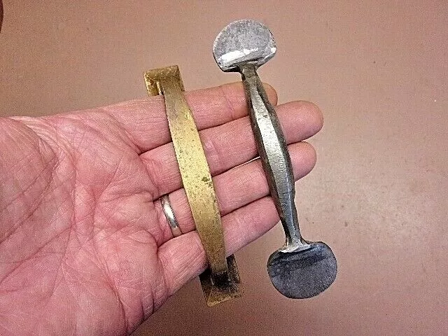 Two (2) Drawer / Door Pulls 4 7/8" Brass 5 5/8" Hand Forged Wrought Iron Neat!