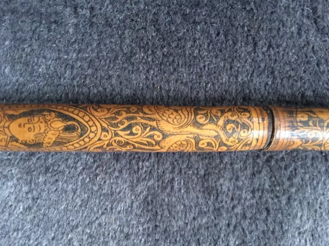 Antique Walking Stick . Engraved Wood . South East Asian 1900 2