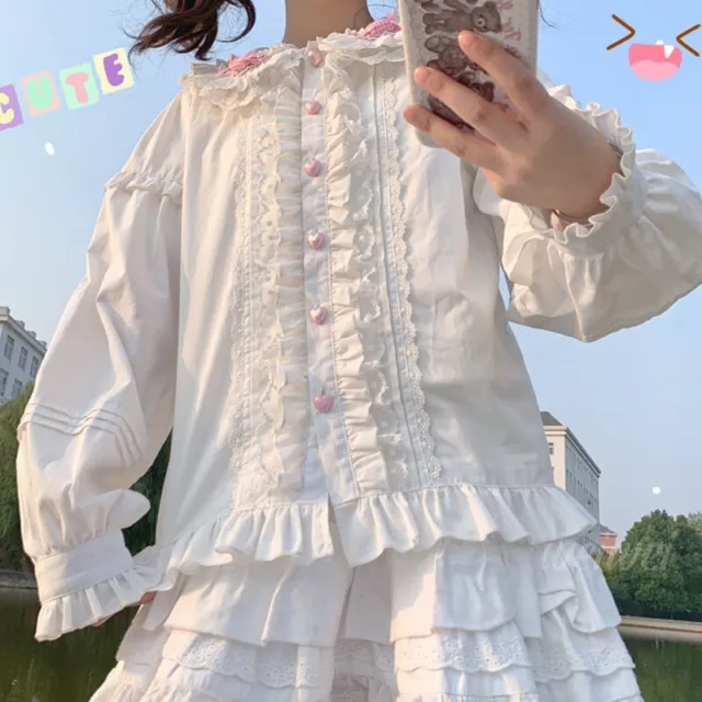 Femme Lolita Fille Ruche Haut Chemisier Bouton Manches Longues Doux Japonais 3