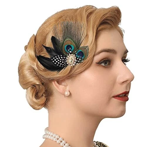 1920s Flapper Headband Black Feather Hair Clip Peacock Headpiece Party