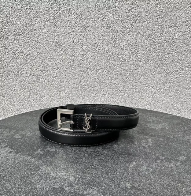 SAINT LAURENT Leather cassandre thin belt WITH SQUARE BUCKLE 100 cm 2cm