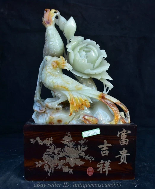15.2" Old Chinese Natural Xiu Jade Carving Flower Parrot Bird Statue Sculpture