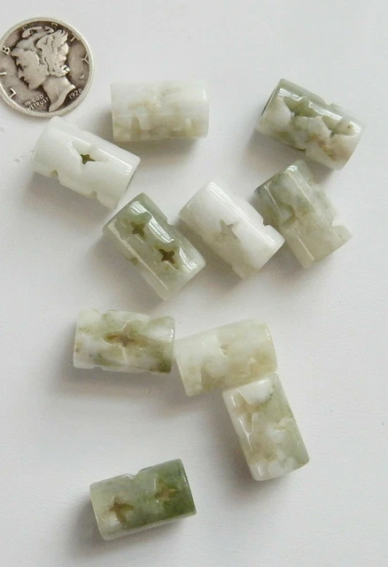10 VINTAGE HAND CARVED BURMA JADE TUBE BEADS 16mm x 10mm WHITE GREEN  26.8g