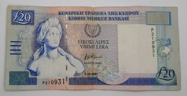 1997 - Central Bank Of Cyprus - £20 (Twenty) Lira /Pounds Banknote No. P 210931
