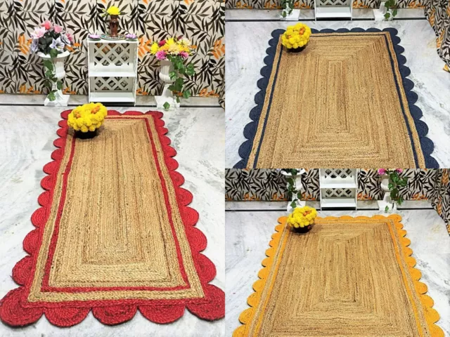 Scallop Rug Hallway Carpet 100% Natural Jute Hand Braided Farmhouse Jute Rug