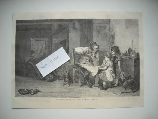 Gravure 1869. La Lecon De Musique. D’apres Le Tableau De M. J. Burr.