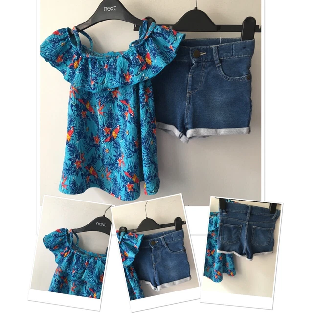 Pantaloncini floreali a spalla fredda per ragazze Next e maglia Matalan look denim morbido 4-5