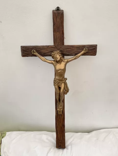 28” Antique French Cross Crucifix Wood Gilt Metal Church Gold Large Wall Christ