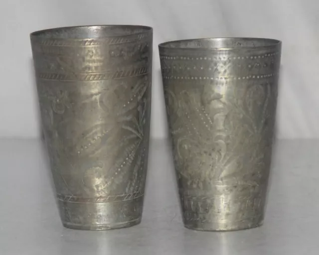 1930'S OLD BRASS 2Pcs HANDCRAFTED FLORAL INLAY ENGRAVED MILK/LASSI/WATER GLASSES