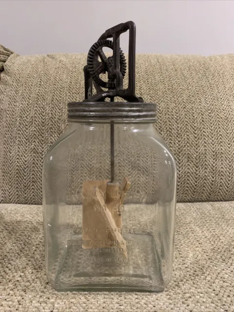 Original No. 80 Dazey Butter Churn Glass Jar Wooden Paddle Feb 14 1922 St. Louis