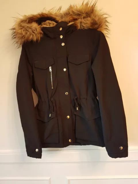 Women's /Girls "Top Shop" Fur Lined, Hooded Jacket.black, Size 8Uk/36 Eu. V.g.c.