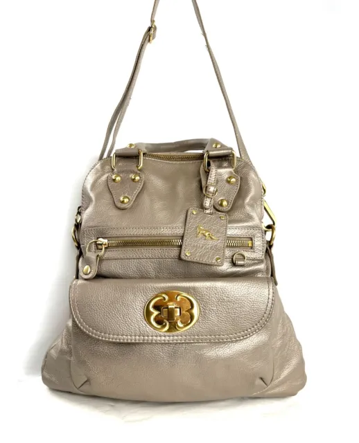Emma Fox Gold Leather Fold Over Large Satchel Shoulder Bag Turn Lock Bag Charm