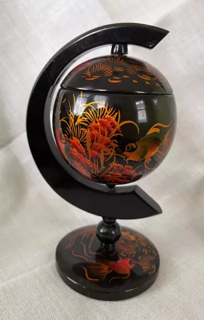 Vtg Hand Painted Lacquerware Round Box on Stand Spherical Koi Fish Vietnam