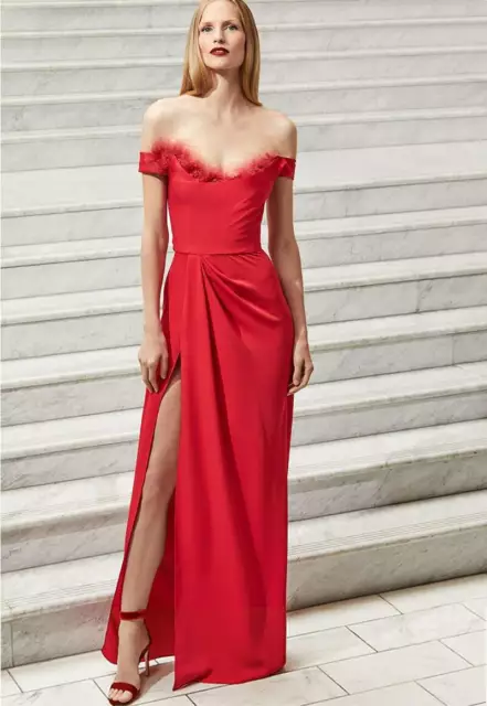 $895 NEW Marchesa Notte Off the Shoulder High Slit Gown Red Maxi Dress 0 12 16