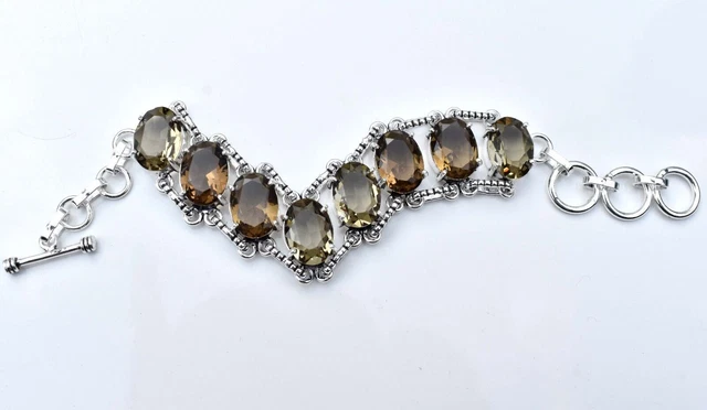 Smoky Quartz 925 Sterling Silver Gemstone Handmade Jewellery Bracelet Size-7.8''