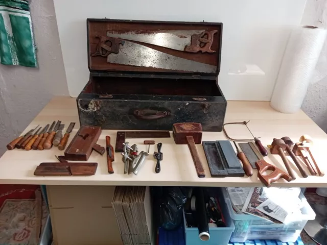 Large Vintage Carpenters Tool Box With Various Vintage Tools .